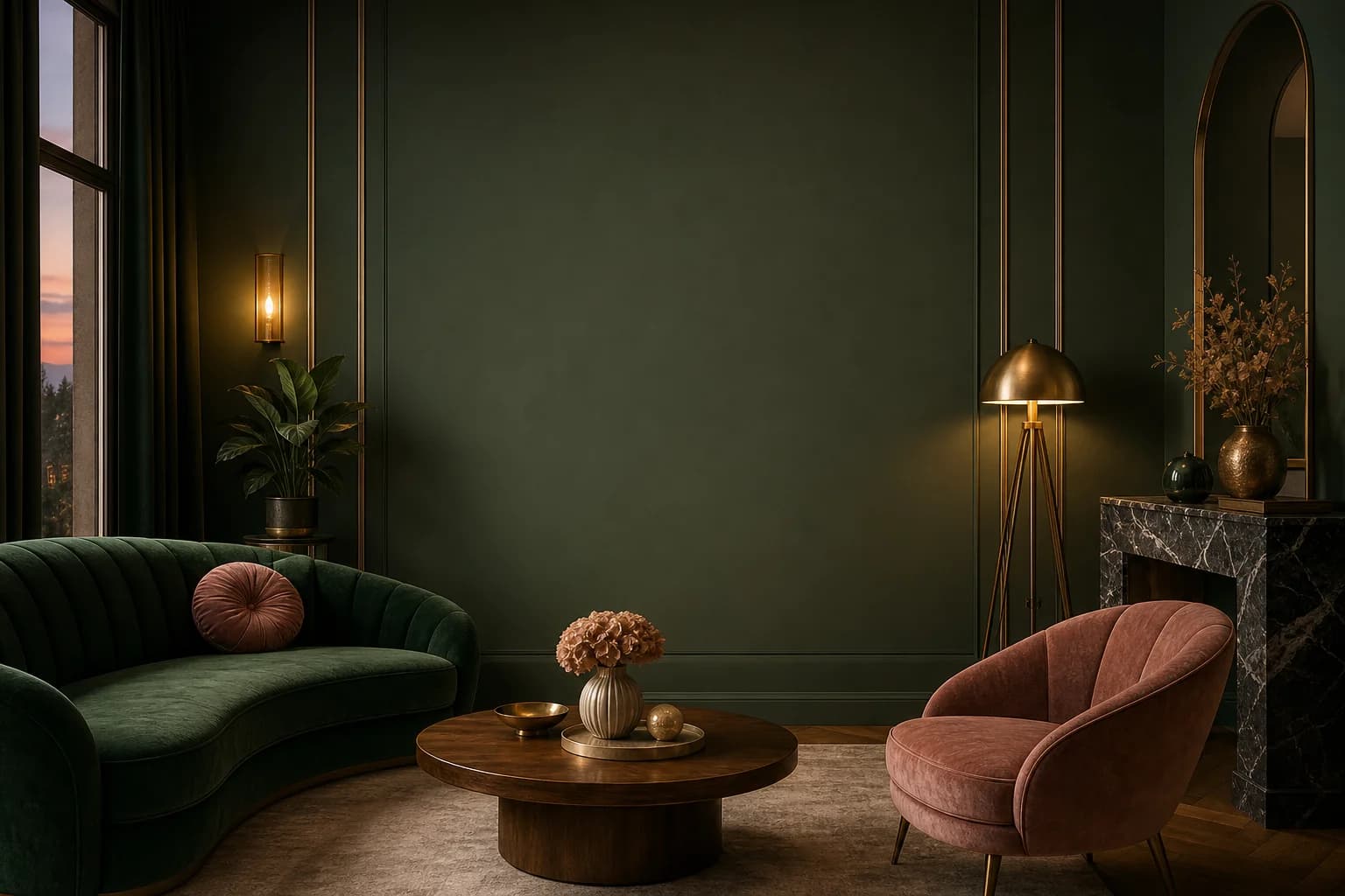 A living room with an emerald wall, velvet sofa, oak coffee table and brass lamp